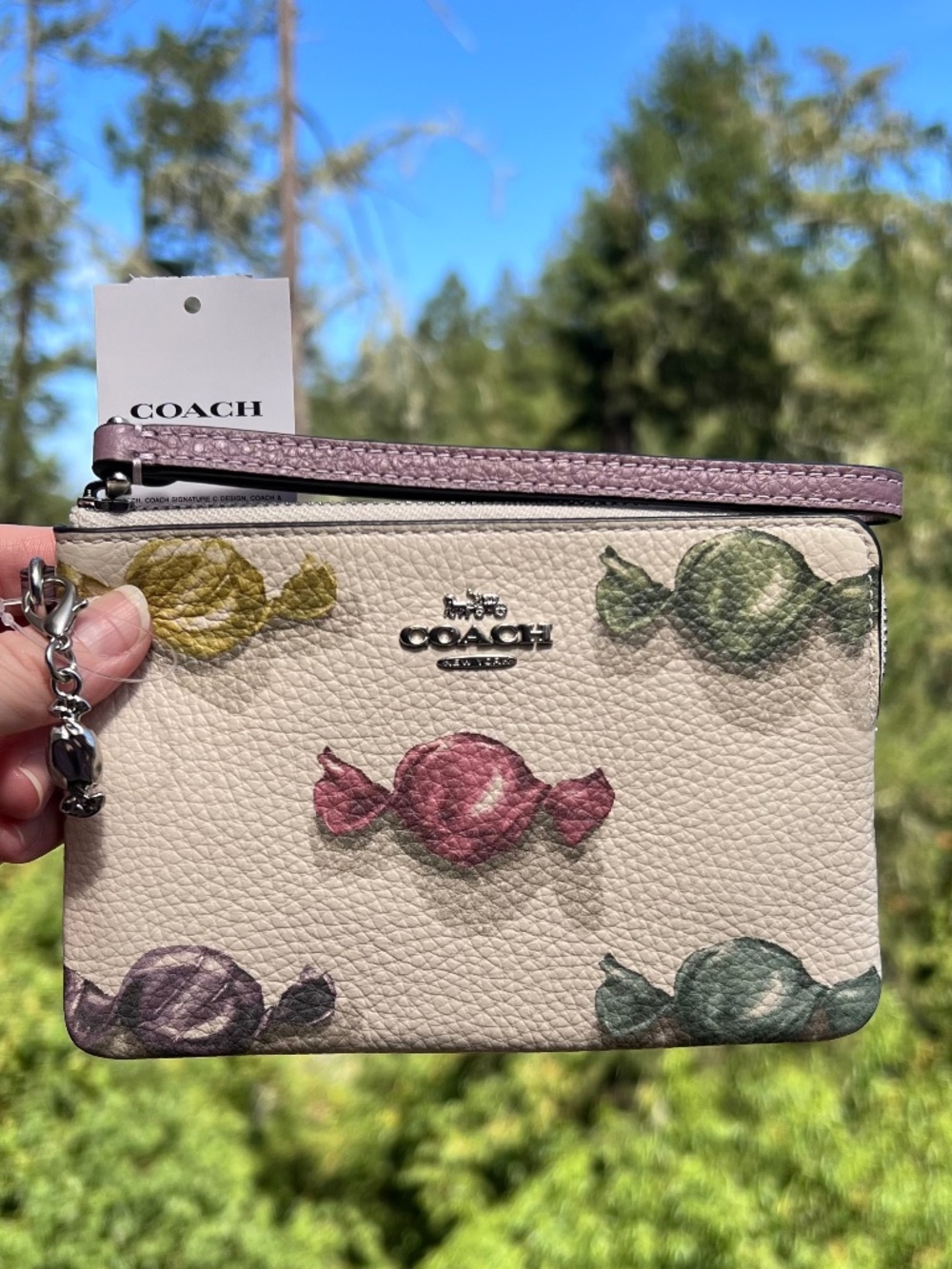 COACH White Pebble Leather Candy Print & Charm Wristlet with Silver Hardware NWT